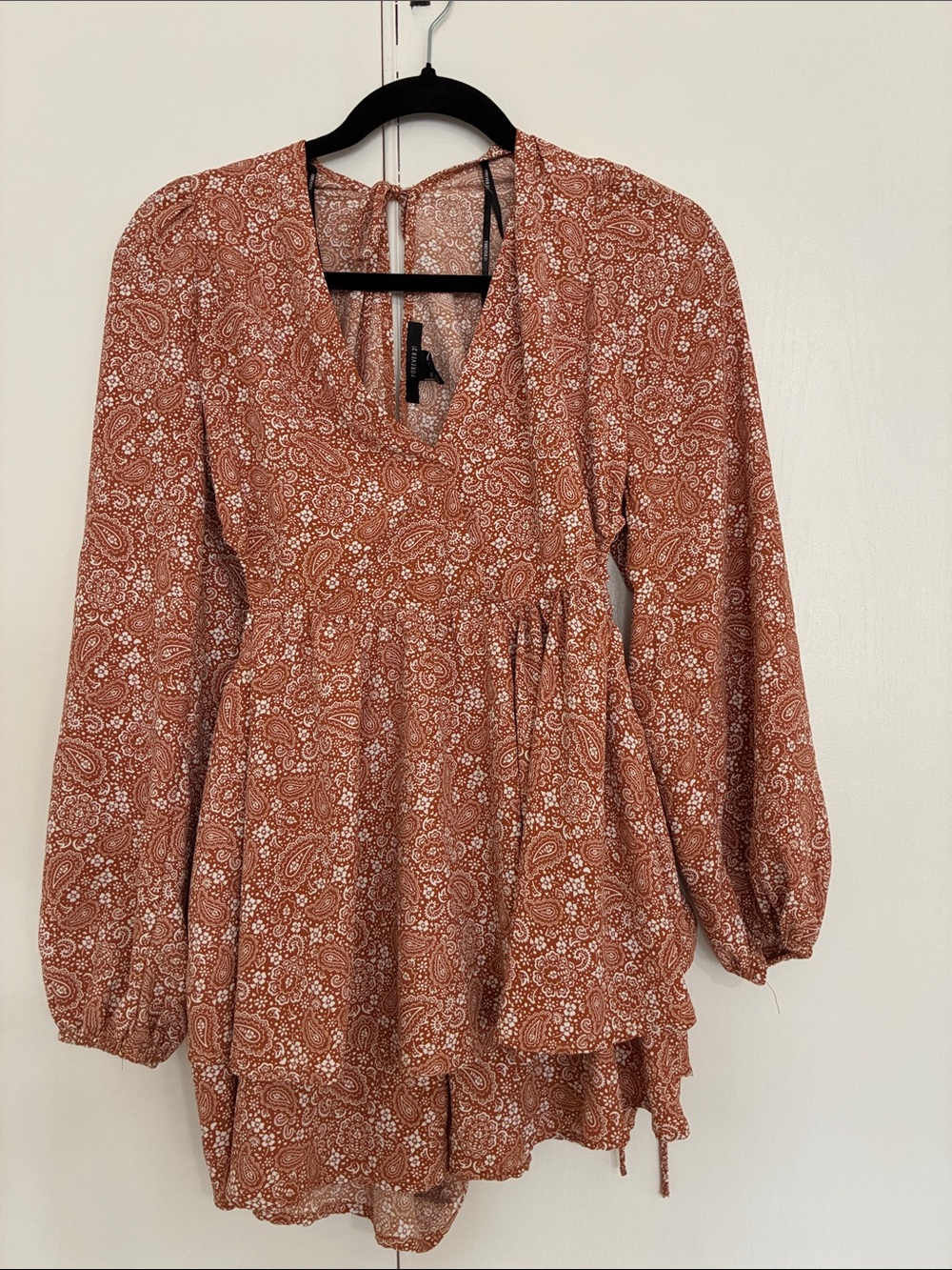 Forever 21 Rust Paisley Long-Sleeve Tiered Mini Dress